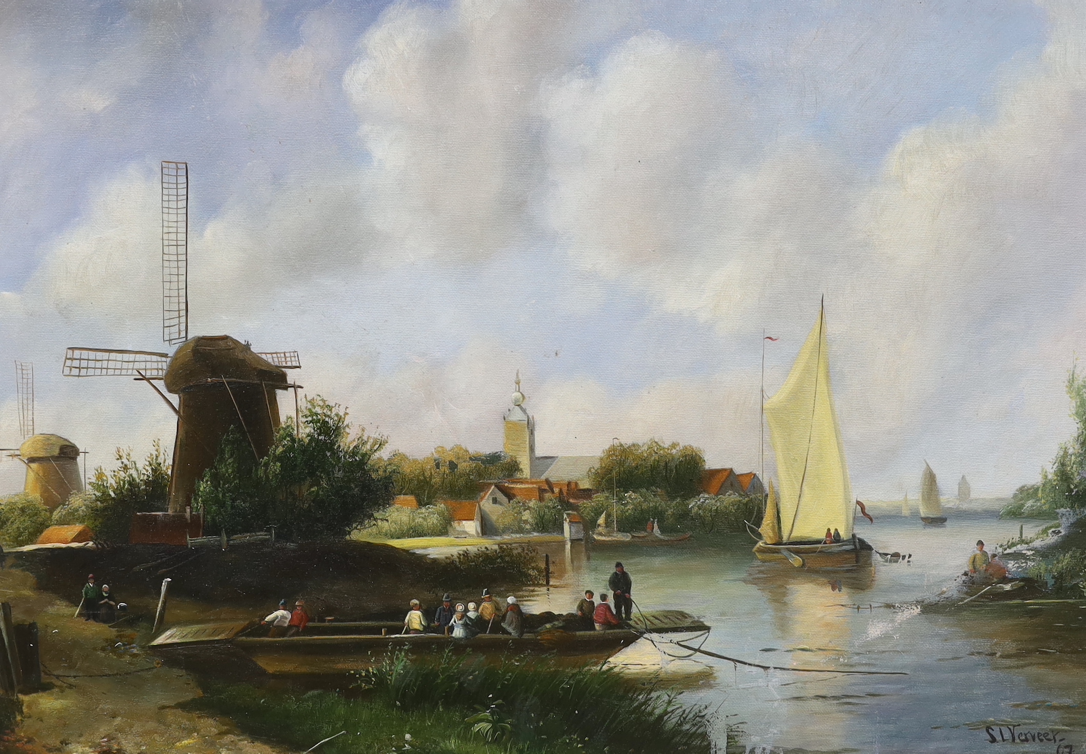 S.L.Verveer, oil on board, River landscape with windmills and figures in boats, signed and dated '67, 38 x 54cm